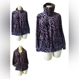 Style & Co. Sport Women's velour Zip-up jacket purple & black zebra print L